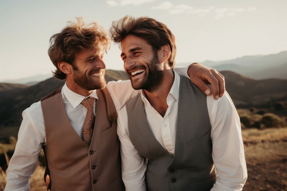 Grooms laughing mountain adult. AI generated Image by rawpixel.