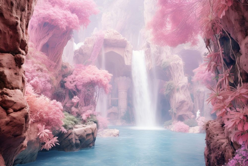 Ethereal Waterfall Sanctuary waterfall outdoors nature. AI generated Image by rawpixel.