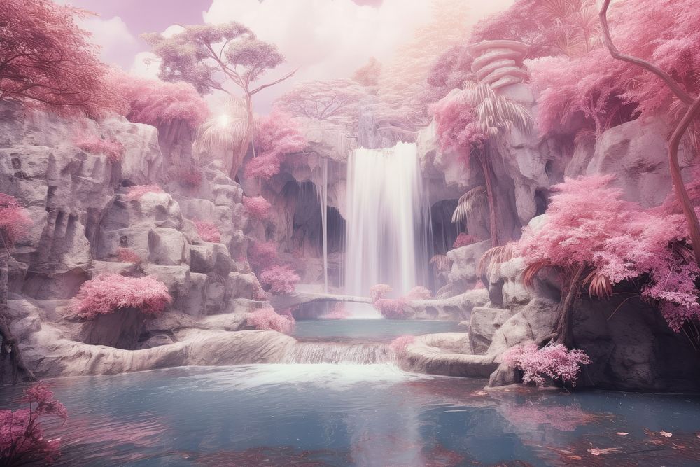 Ethereal Waterfall Sanctuary waterfall landscape outdoors. AI generated Image by rawpixel.