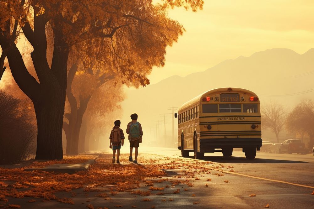 Kids bus outdoors vehicle. AI generated Image by rawpixel.