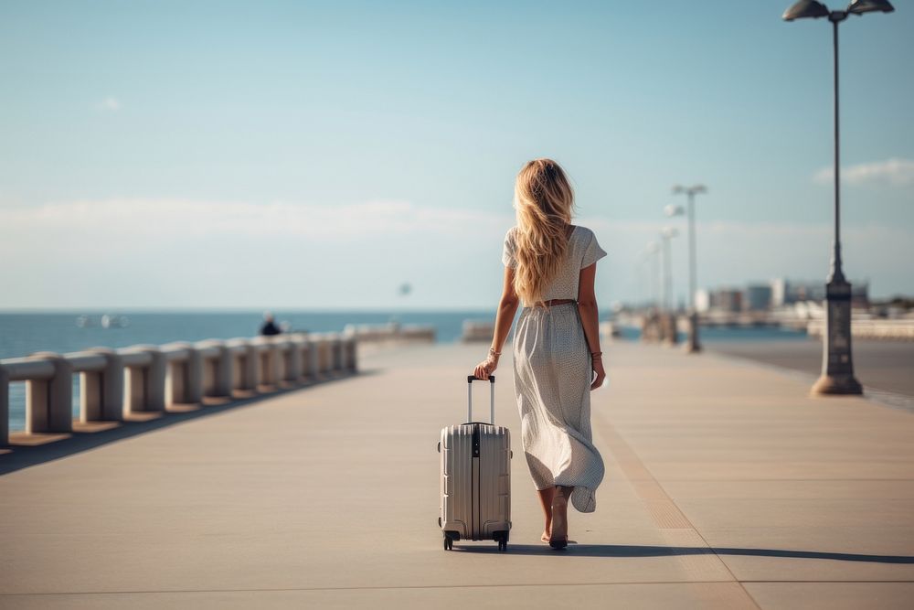 Woman walking suitcase luggage outdoors. AI generated Image by rawpixel.