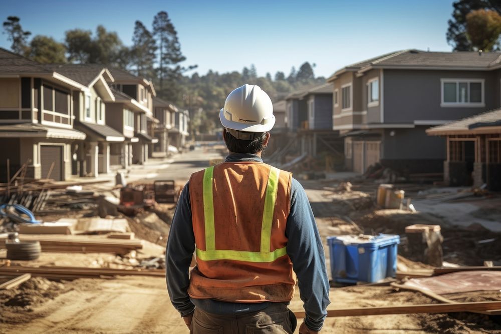 Man wearing hard hat standing hardhat helmet. 