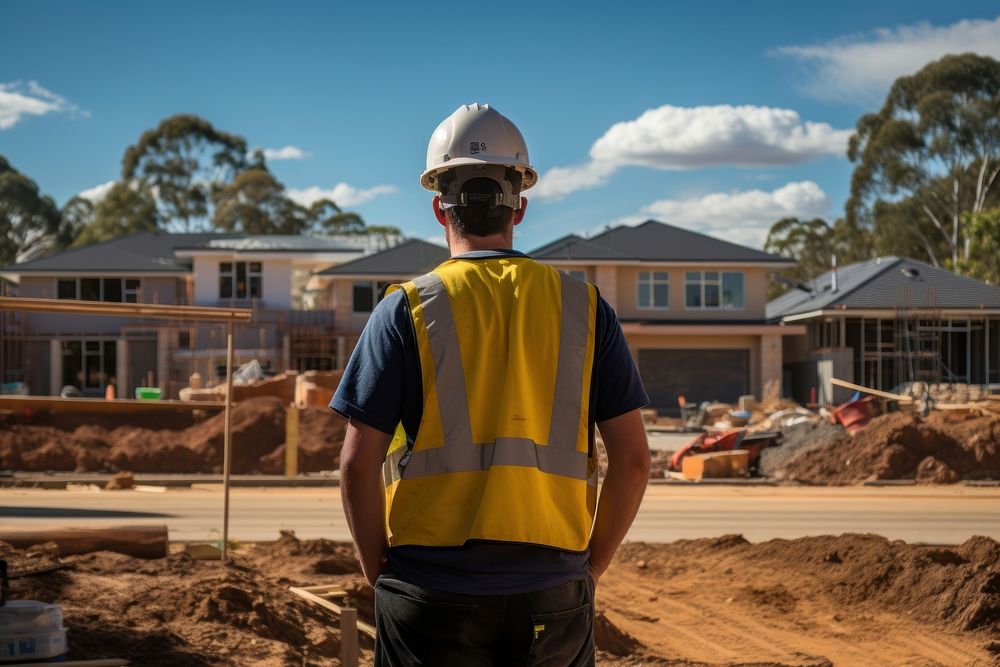 Man wearing hard hat construction standing hardhat. 