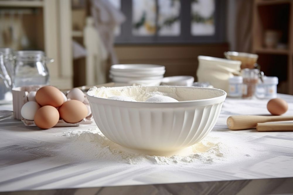 Baking flour and eggs, kitchen table photo. AI generated image by rawpixel.