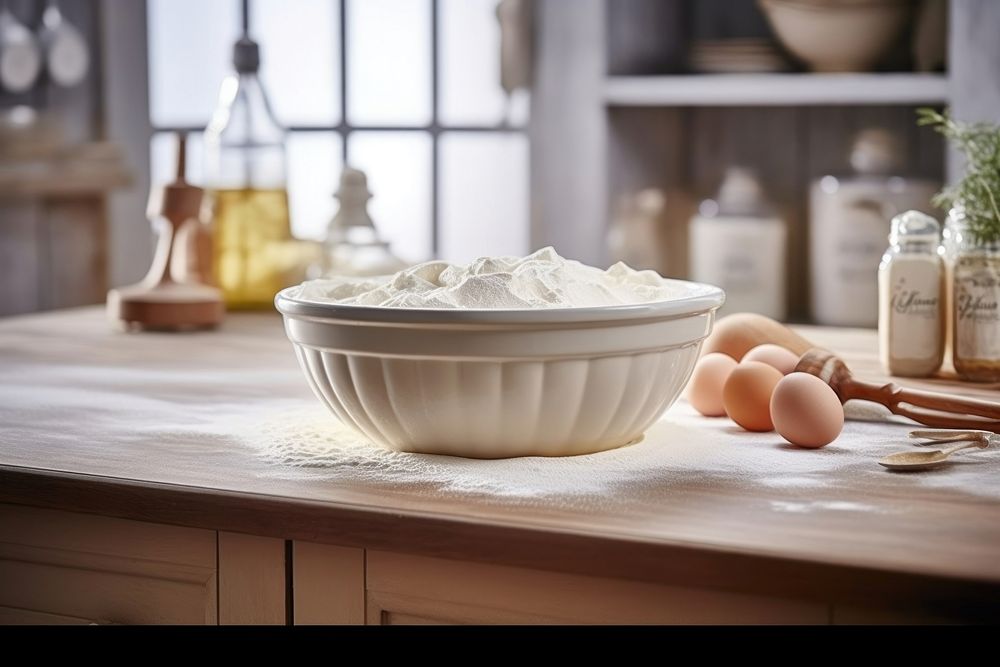 Baking flour and eggs, kitchen table photo. AI generated image by rawpixel.