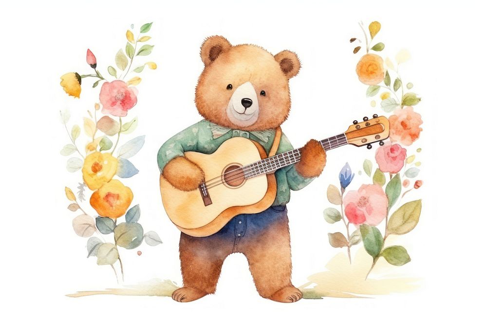 Bear guitar flower cute. AI generated Image by rawpixel.