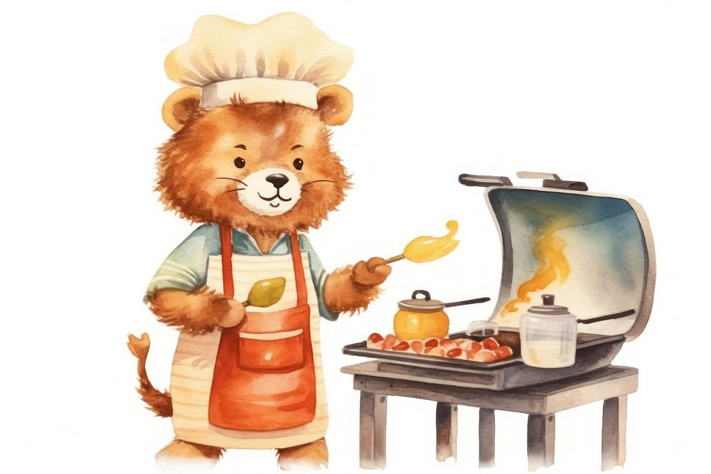 Cooking a steak cartoon chef white background. AI generated Image by rawpixel.