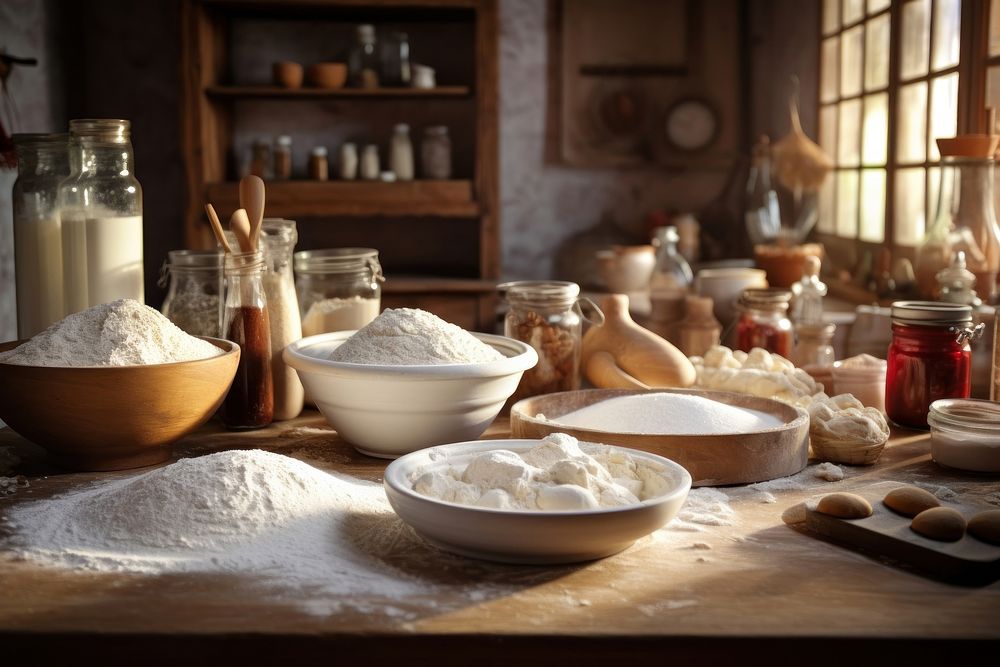 Baking ingredients, kitchen table photo. AI generated image by rawpixel.