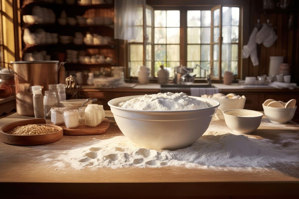 Baking table flour bowl food.