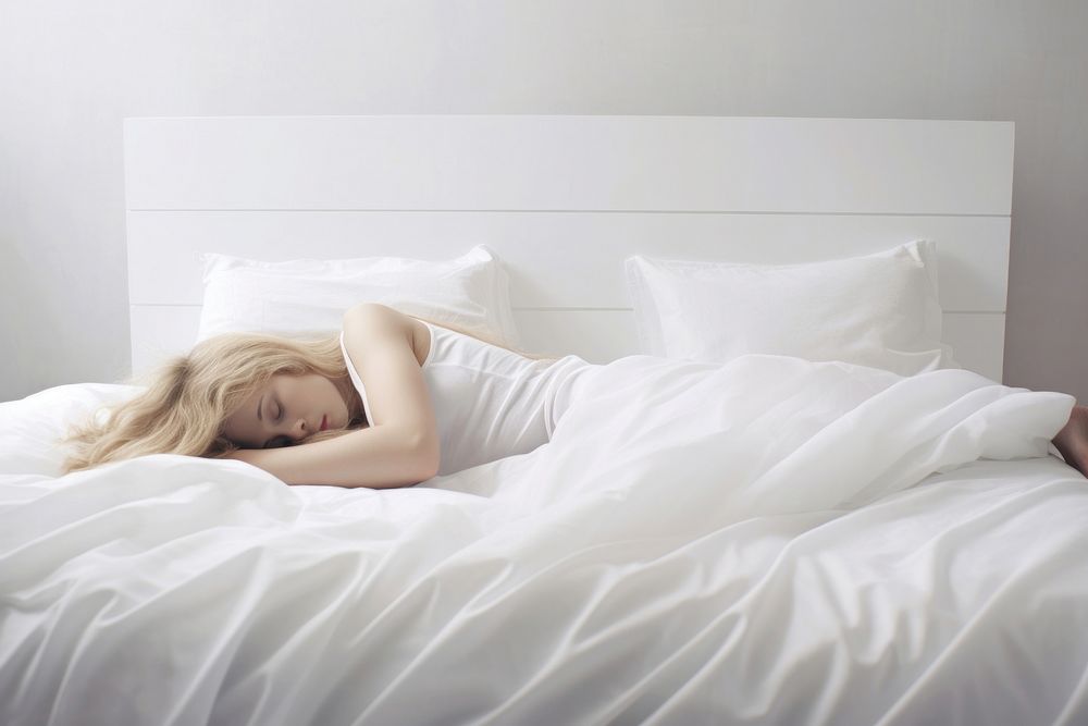 Tired woman sleeping on bed. AI generated Image by rawpixel.