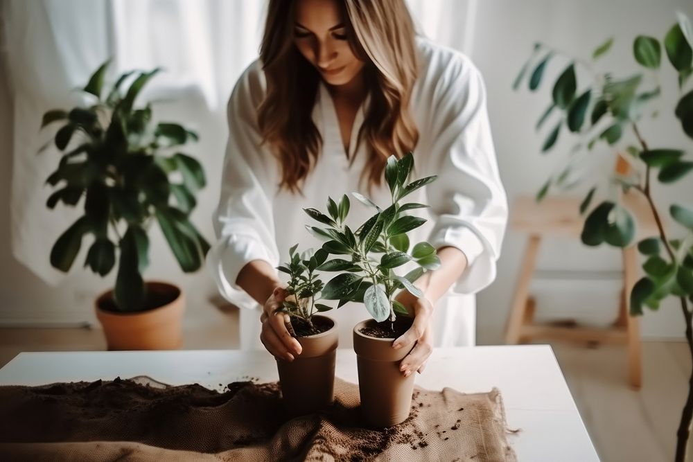 Woman planting a houseplant . AI generated Image by rawpixel.