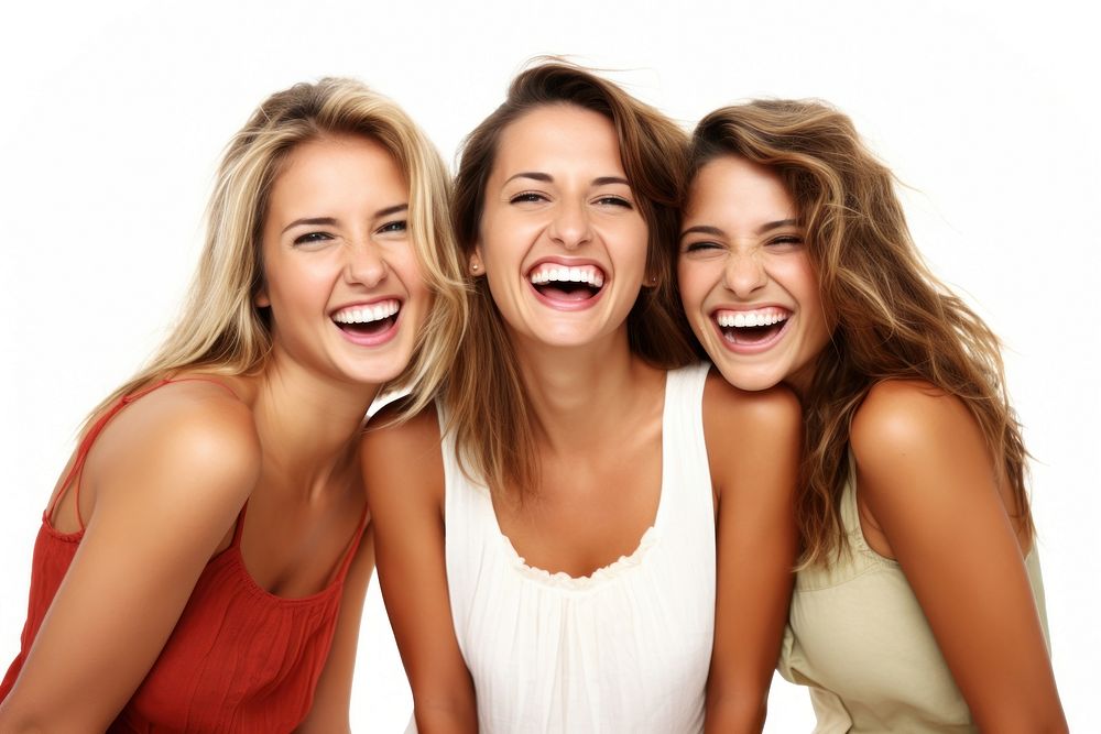 Three cheerful young women laughing adult white background. AI generated Image by rawpixel.
