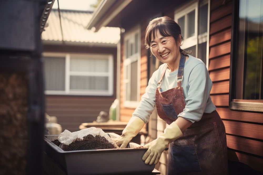 Asian women wearing apron standing cleaning house. AI generated Image by rawpixel.