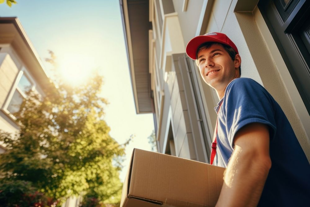 Deliveryman wearing cap holding cardboard box house architecture delivering. 