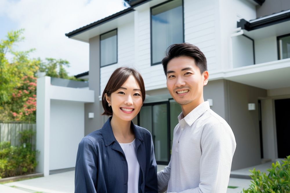 Asian couple standing smiling house. 