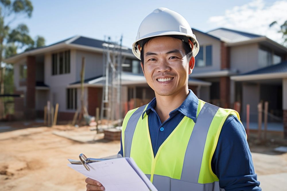 Asian man wearing hard hat holding clipboard standing hardhat helmet. 