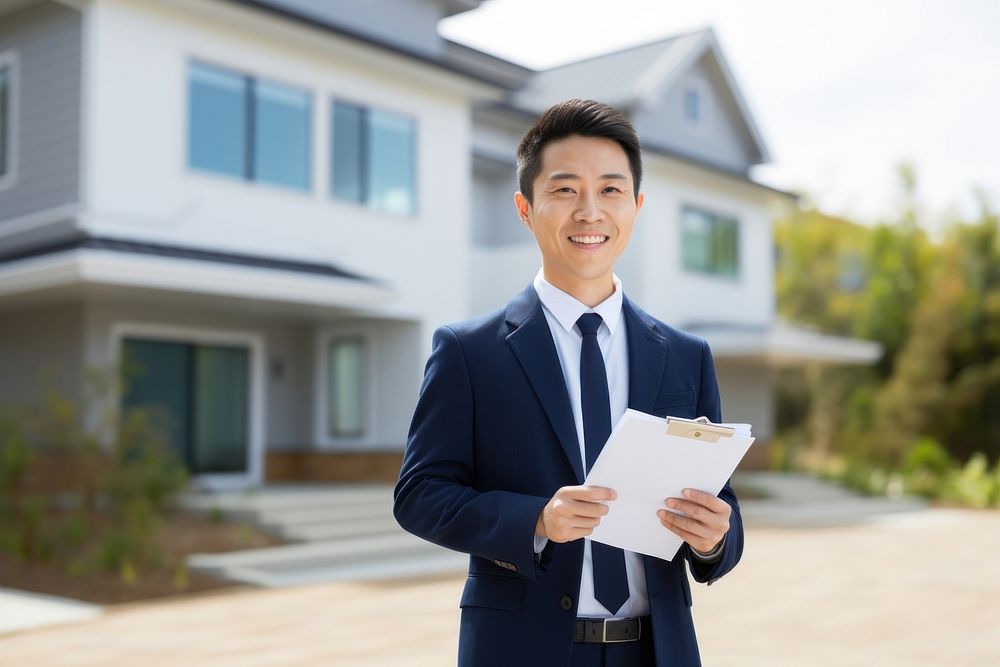 Asian man wearing suit holding clipboard standing house adult. 