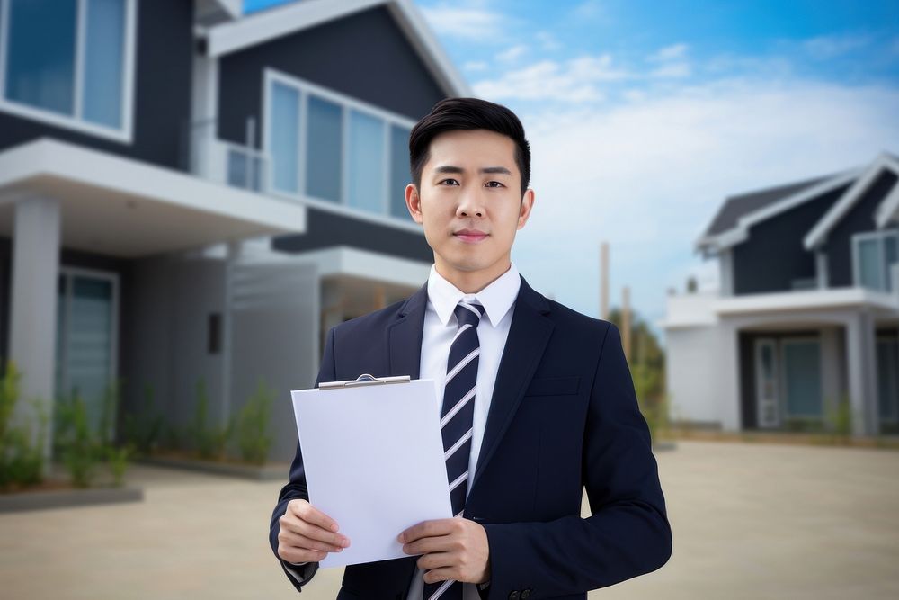 Asian man wearing suit holding clipboard standing house adult. 