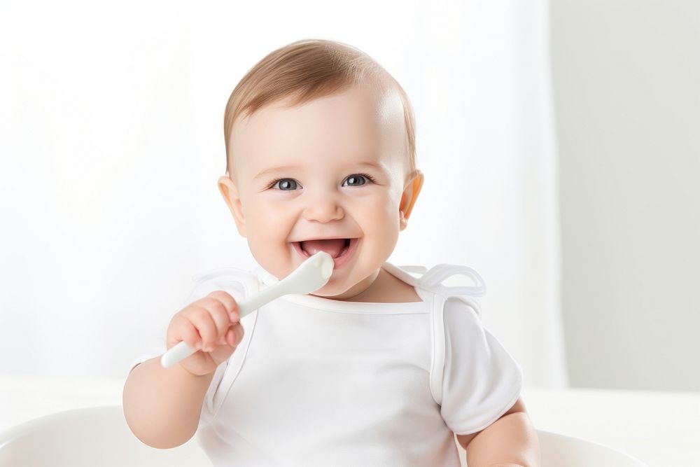 Baby eating toothbrush innocence happiness. 