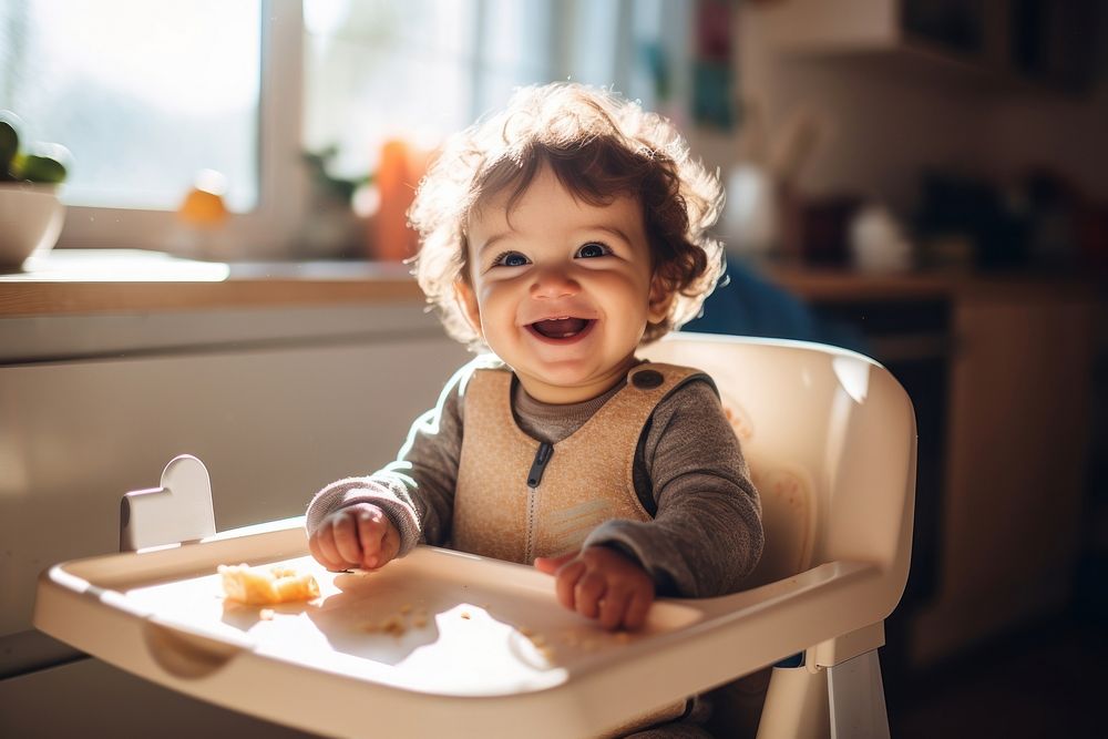 Baby wearing knitted sweater portrait sitting eating. 