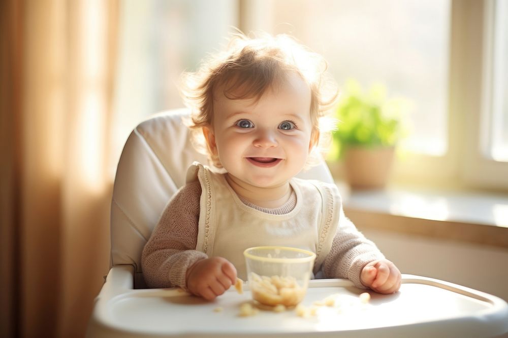 Baby wearing knitted sweater portrait sitting eating. AI generated Image by rawpixel.