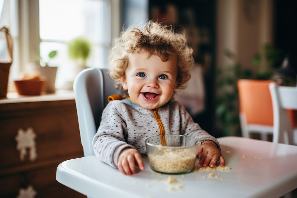 Baby wearing knitted sweater furniture sitting eating. 