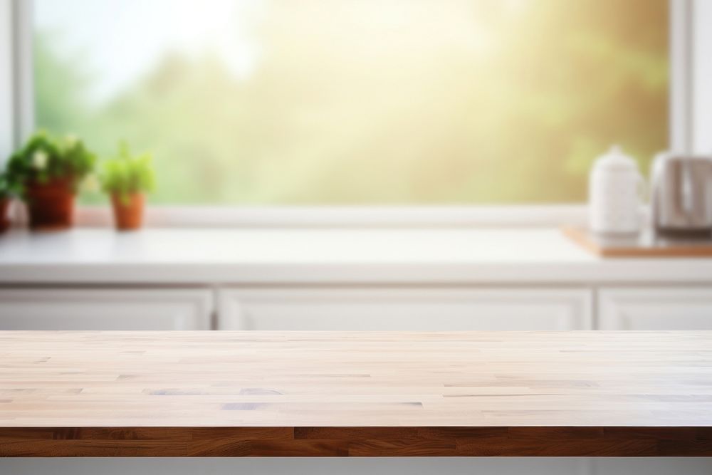 Empty tabletop defocused kitchen window. 