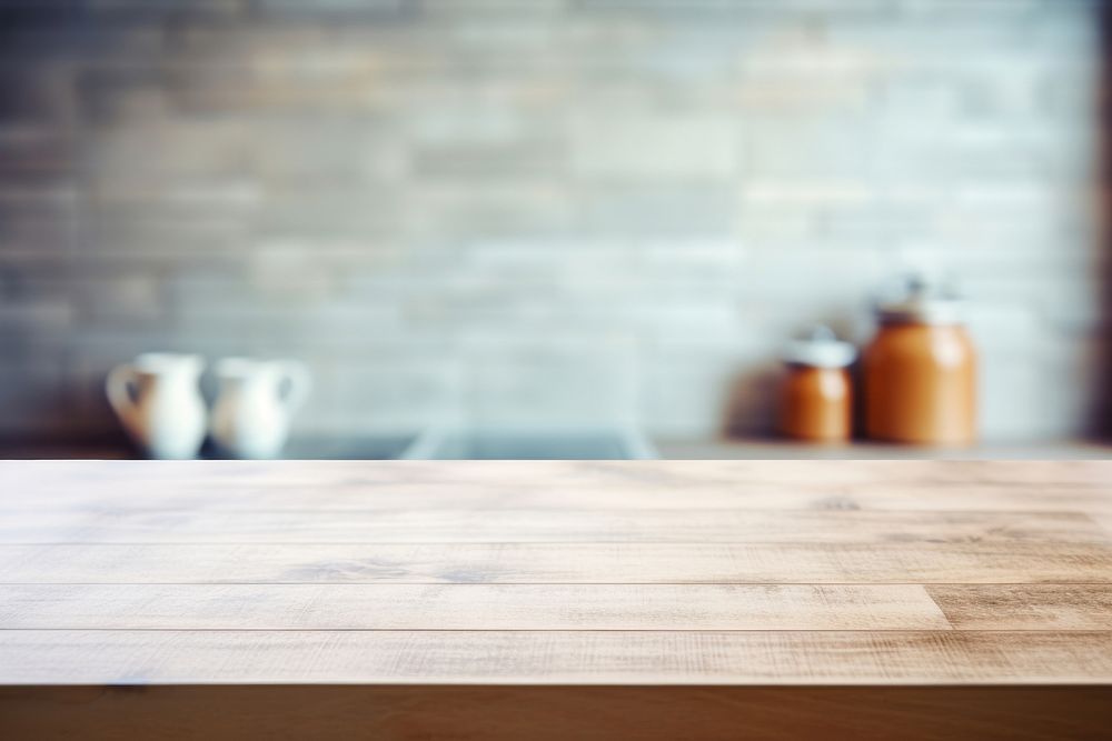 Empty tabletop hardwood kitchen copy space.