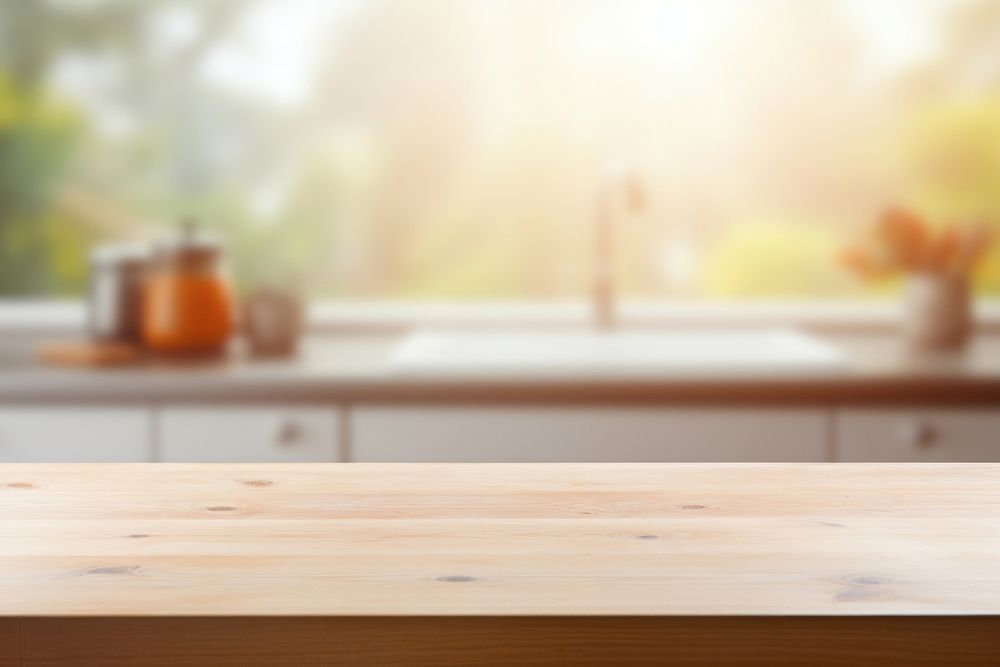 Empty tabletop  defocused kitchen. 