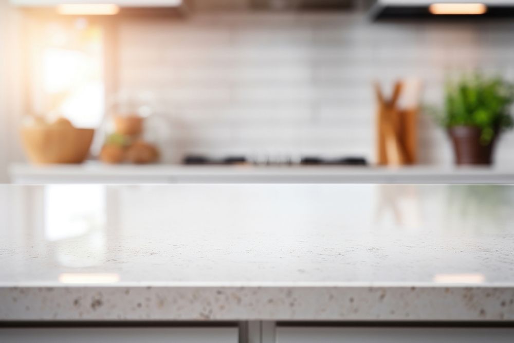 Empty countertops kitchen defocused architecture. 