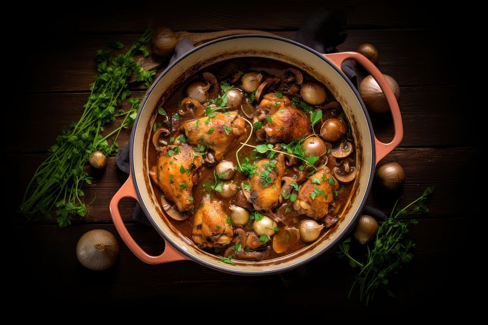 Coq Au Vin Chicken table food meat. AI generated Image by rawpixel.