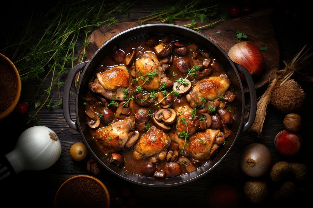 French Coq Au Vin Chicken table food meat. 