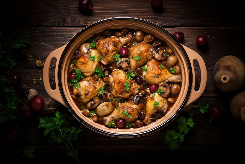 French Coq Au Vin Chicken table food meat. AI generated Image by rawpixel.
