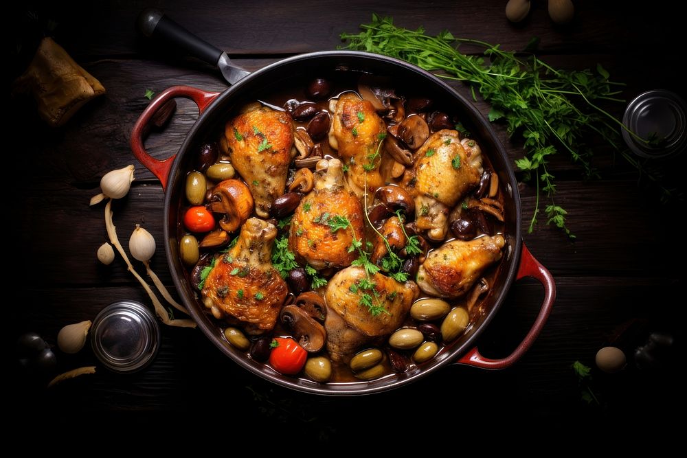 French Coq Au Vin Chicken table food meat. AI generated Image by rawpixel.