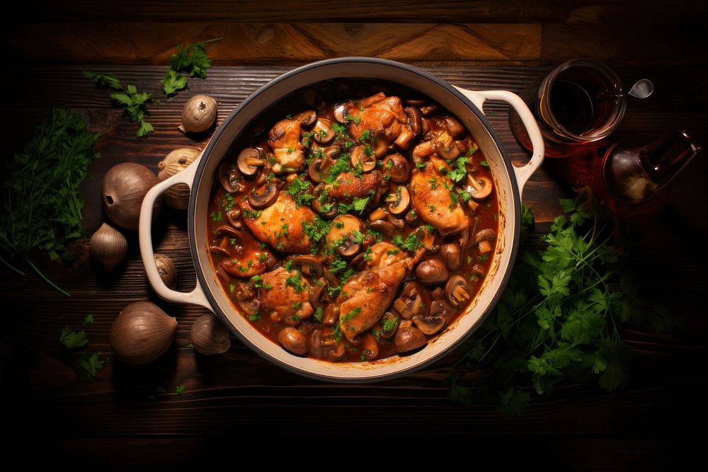 French Coq Au Vin Chicken table food stew. 