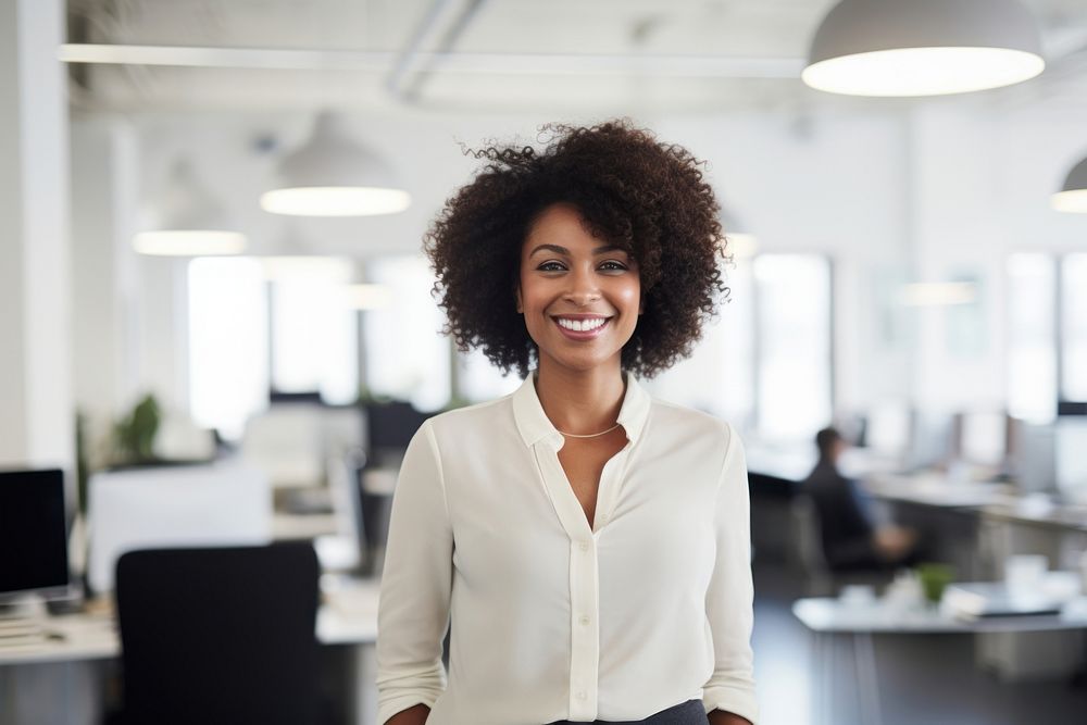 Happy black woman standing portrait smiling. AI generated Image by rawpixel.
