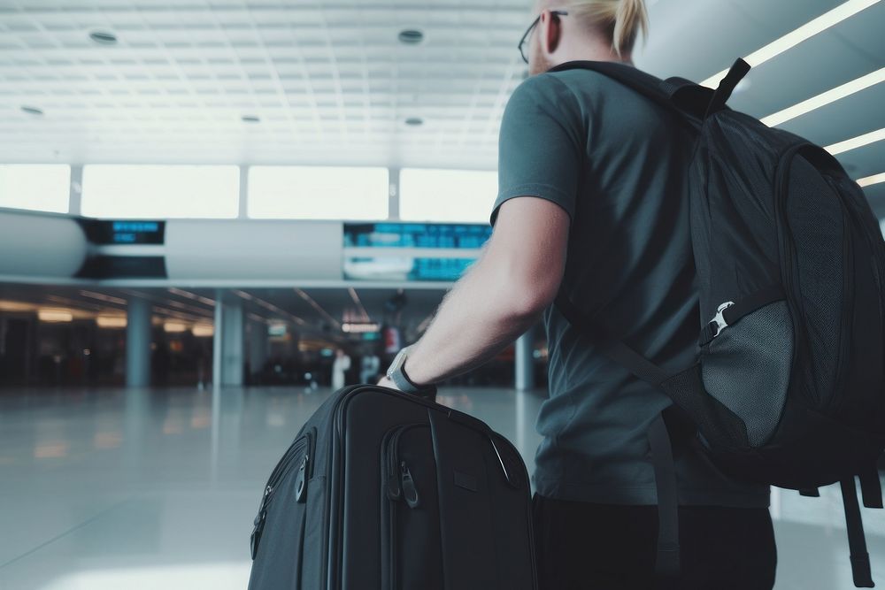 Tourist draging luggage airport backpack adult. AI generated Image by rawpixel.