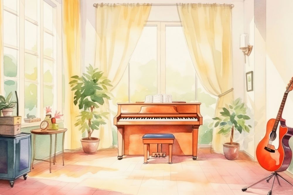 Music practice room furniture keyboard cartoon. AI generated Image by rawpixel.
