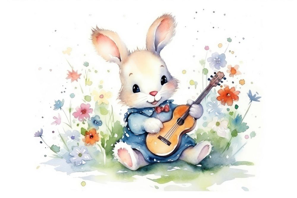 Cute rabbit playing cosmetic guitar white background representation. AI generated Image by rawpixel.