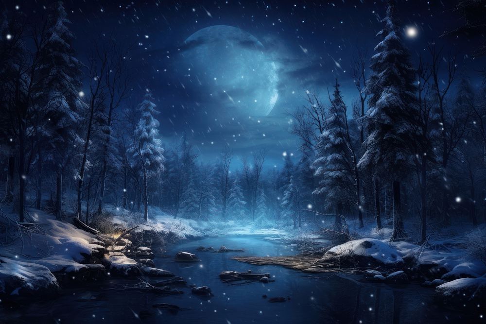 Snow forest night landscape astronomy. AI generated Image by rawpixel.