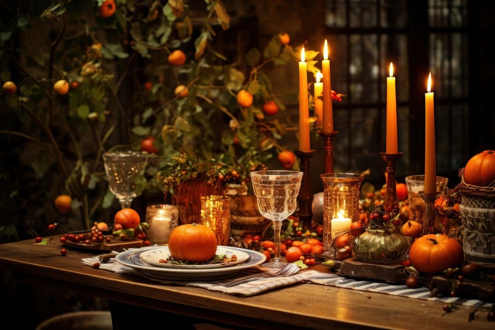 Autumn table candle setting autumn. AI generated Image by rawpixel.