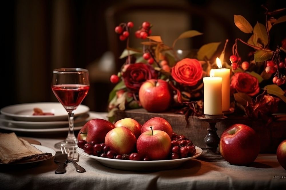 Autumn table candle apple setting. 