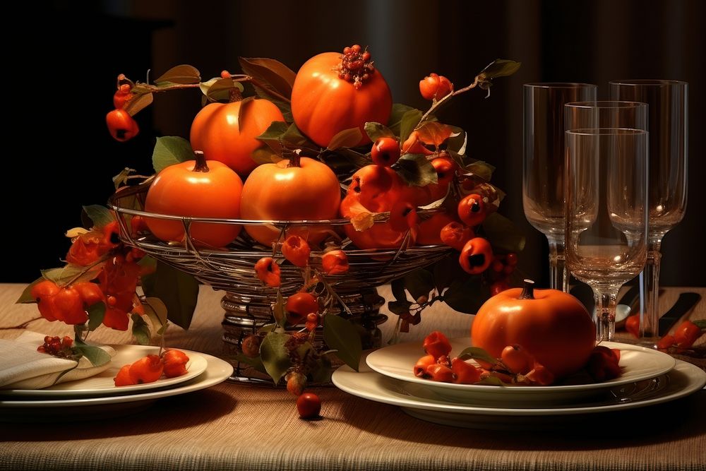 Autumn table persimmon setting candle. AI generated Image by rawpixel.