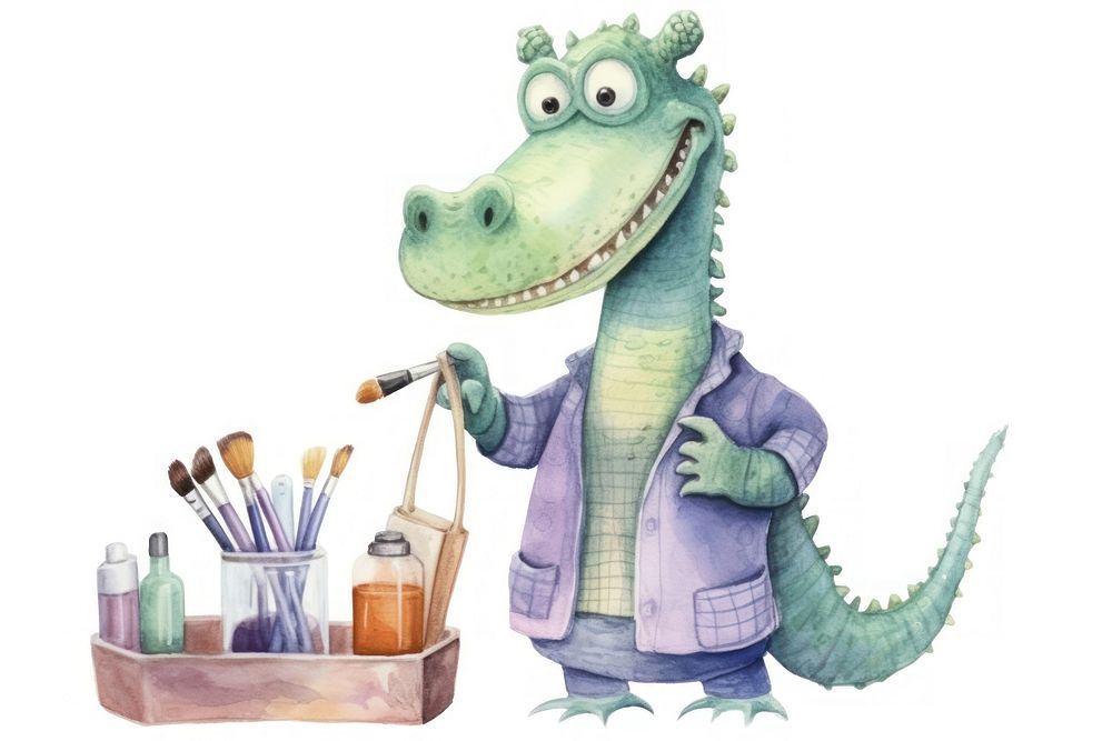 Crocodile character holding Makeup tool animal white background representation. AI generated Image by rawpixel.