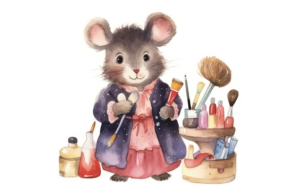 Rat character holding Makeup tool animal cute white background. AI generated Image by rawpixel.
