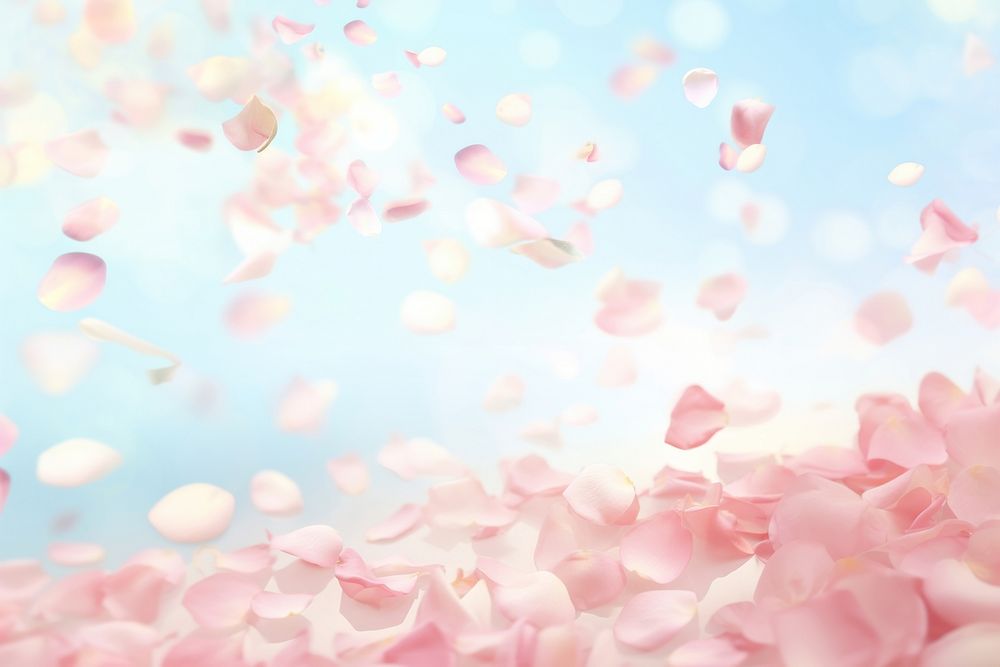 Delicate pastel pink rose petals scattered falling across a white background backgrounds outdoors blossom. AI generated…