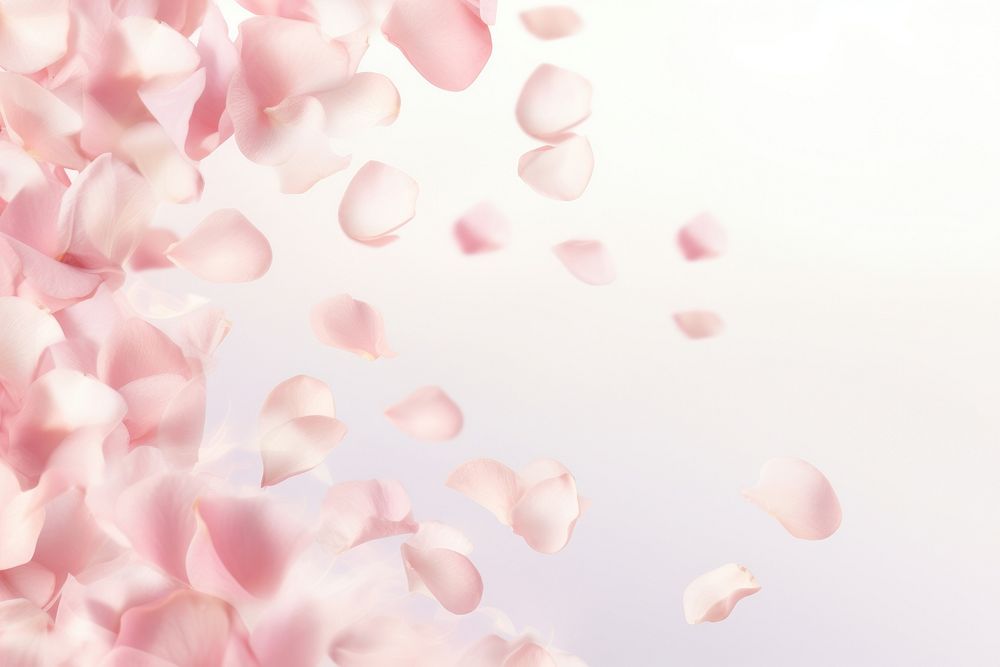 Delicate pastel pink rose petals scattered falling across a white background backgrounds flower celebration. 