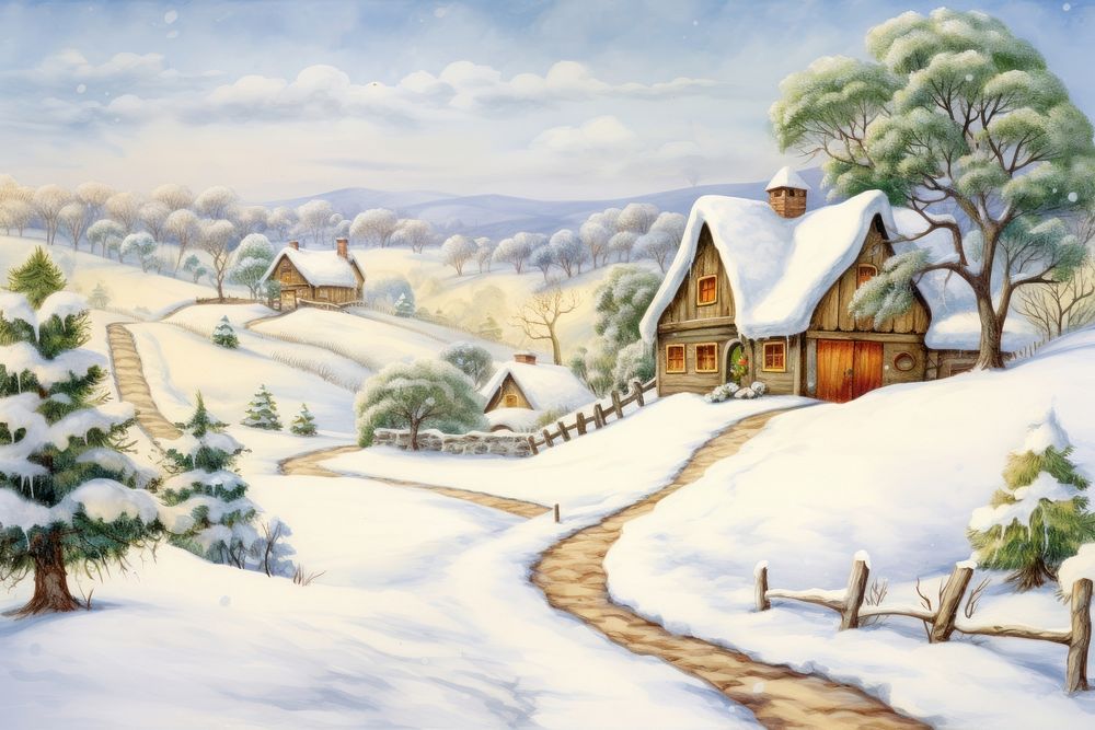 Christmas countryside drawing architecture landscape. AI generated Image by rawpixel.
