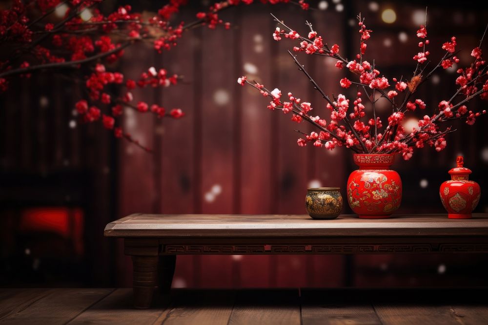 Empty wooden table flower plant chinese new year. AI generated Image by rawpixel.