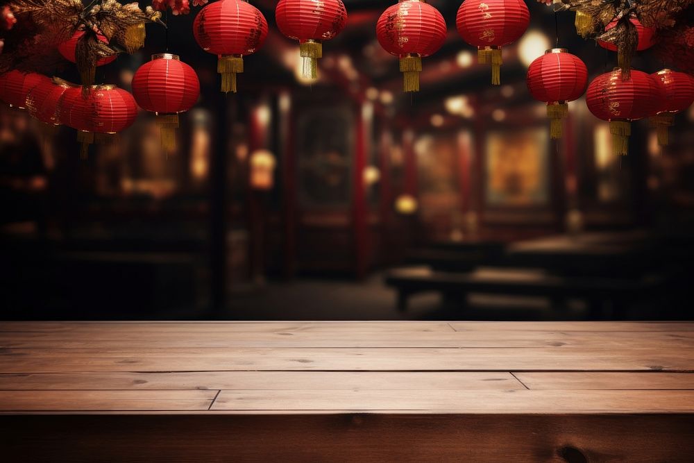 Empty wooden table lantern chinese new year architecture. AI generated Image by rawpixel.